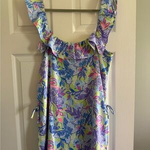Lilly Pulitzer Zoya Ruffle Romper in Lime, Purple & Pink Floral